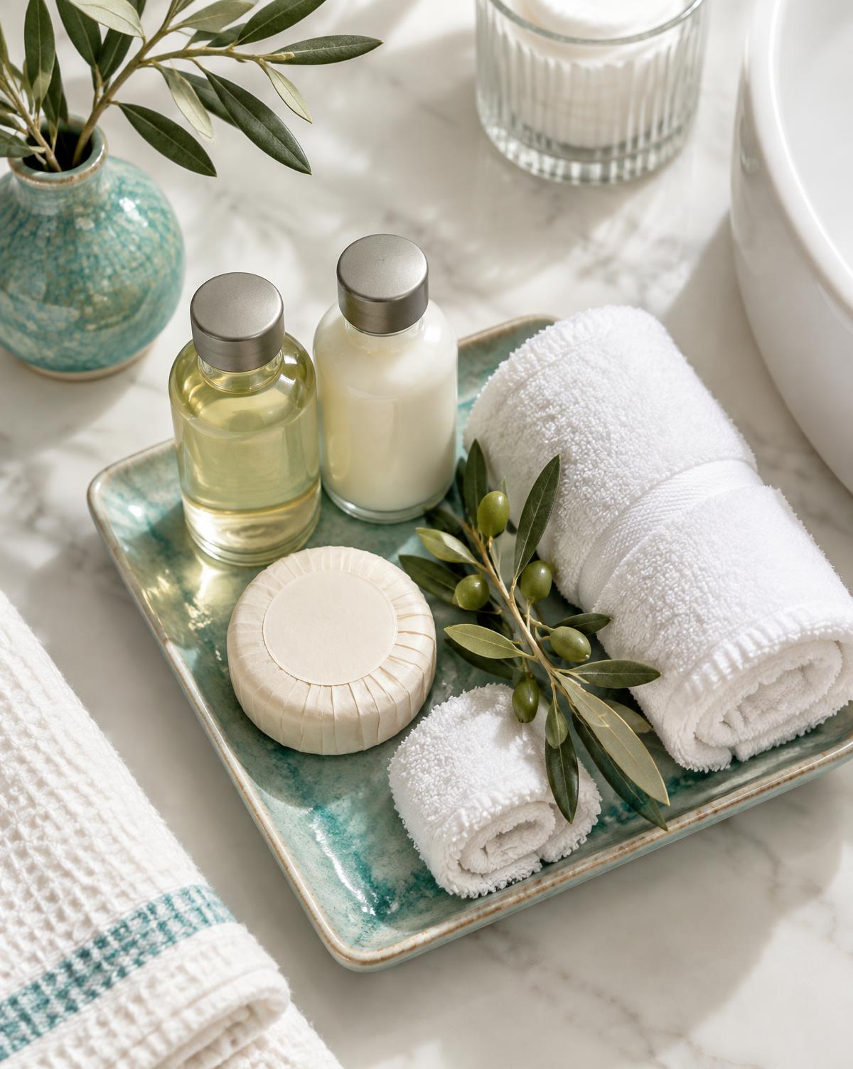 Amenities y toallas enrolladas sobre una bandeja