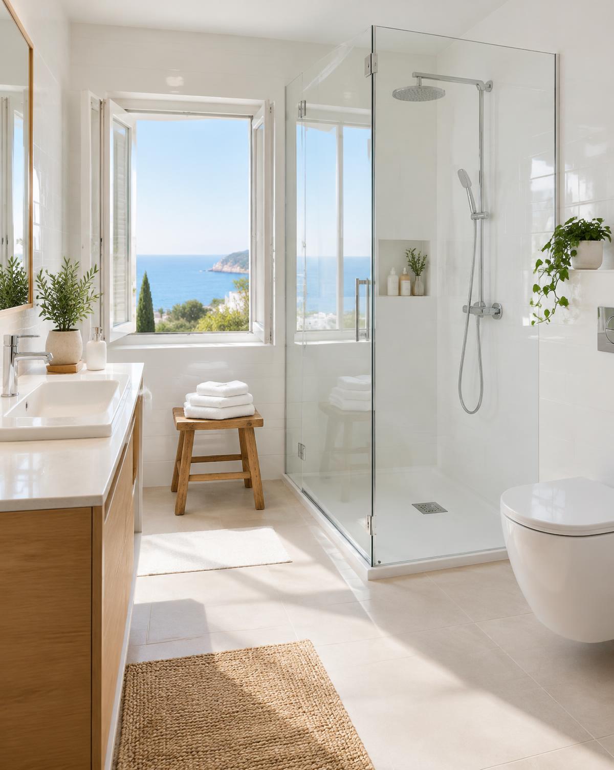 Baño luminoso y reluciente con toallas dobladas