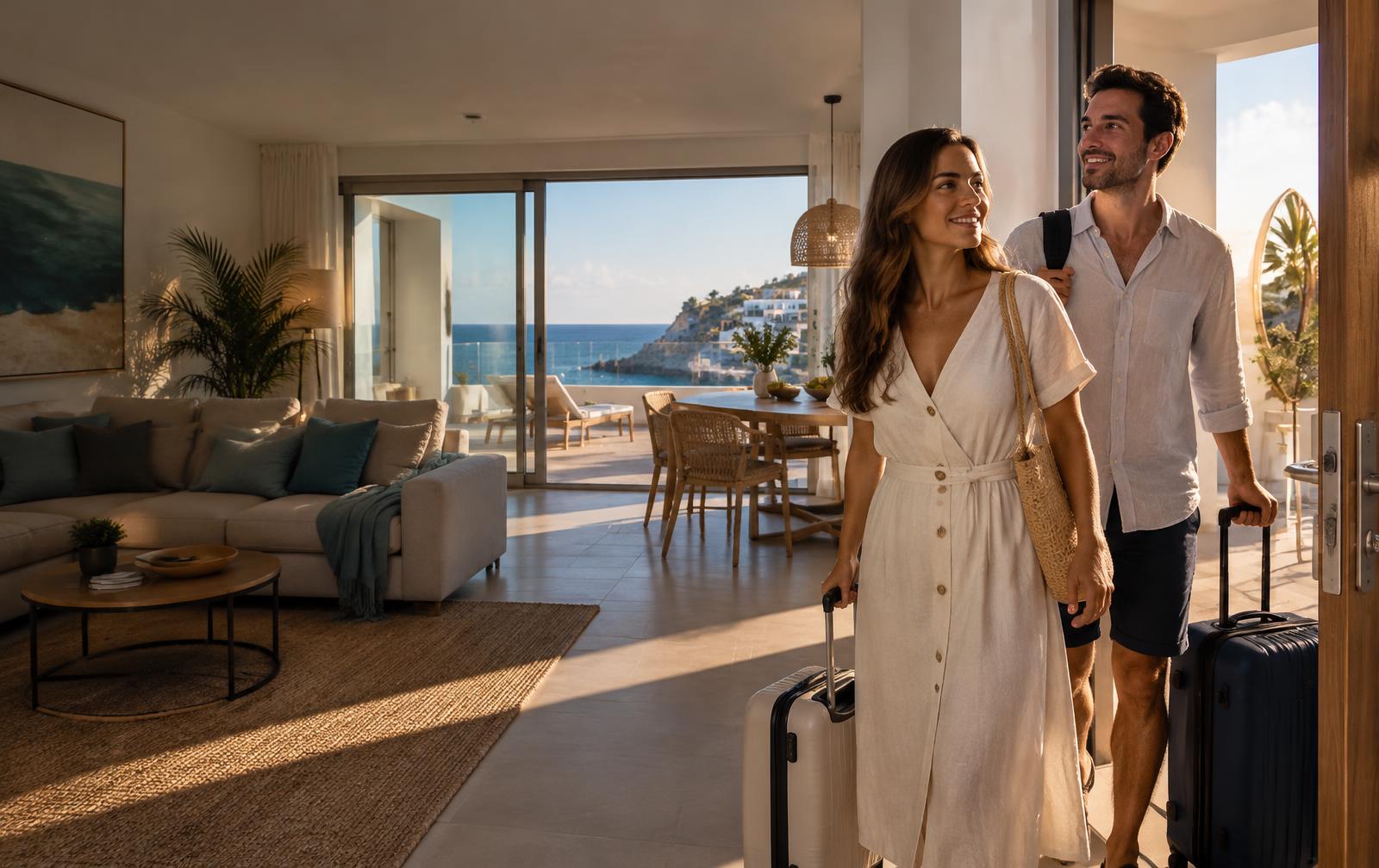 Pareja de viajeros llegando satisfecha a un apartamento vacacional impecable junto al mar