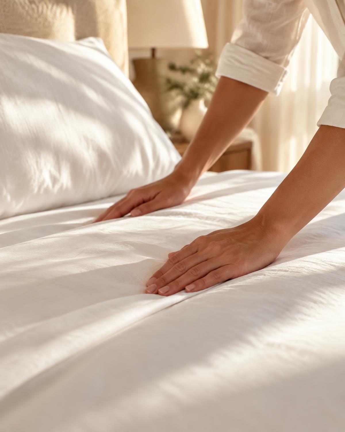 Manos estirando una sábana blanca sobre la cama