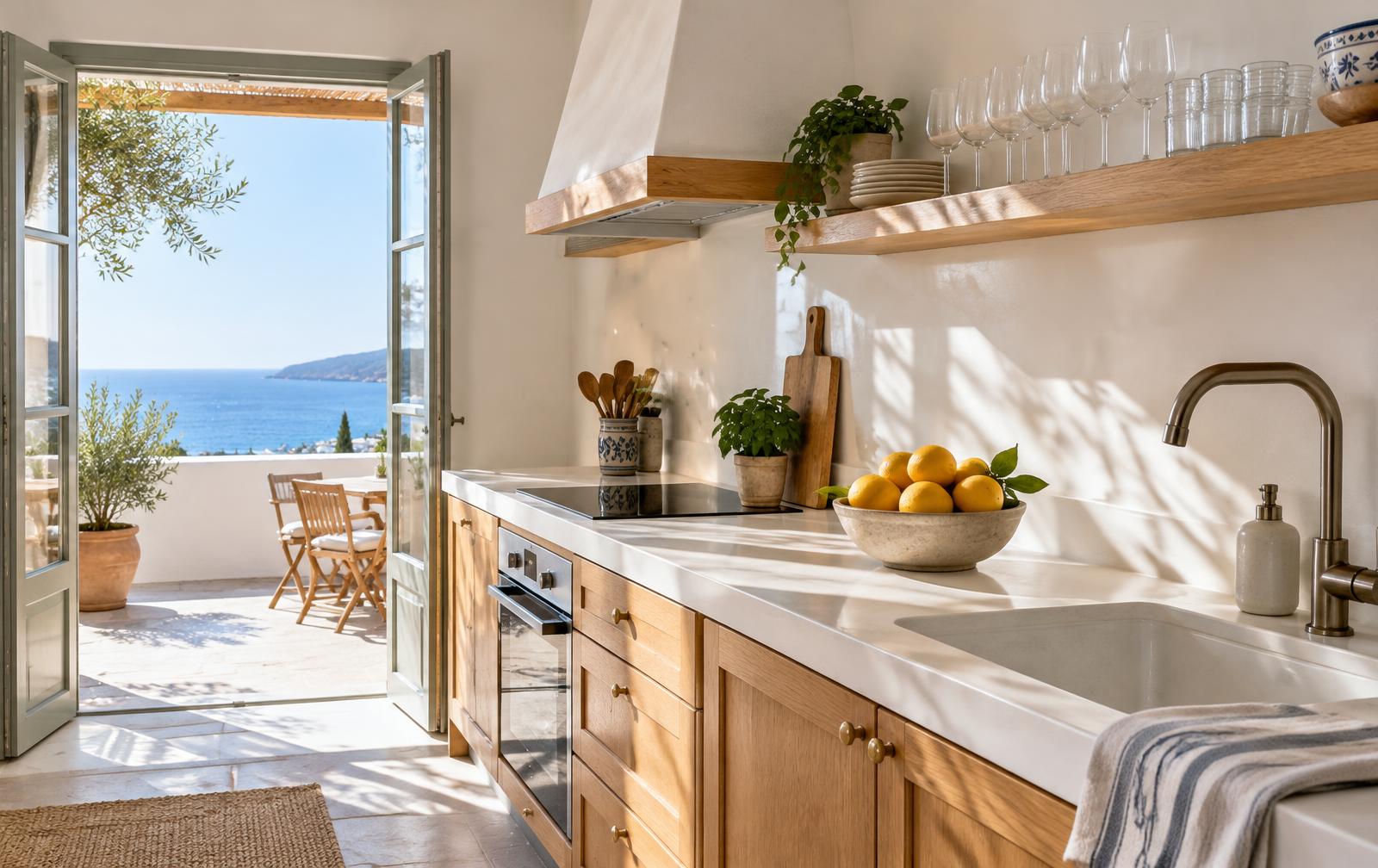 Cocina limpia y ordenada con terraza y vista al mar