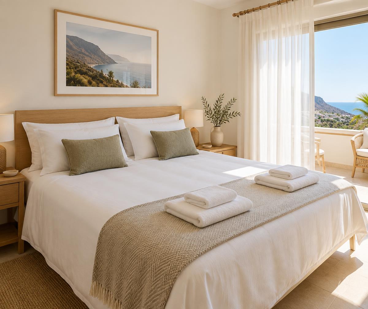 Cama con sábanas blancas y toallas dobladas