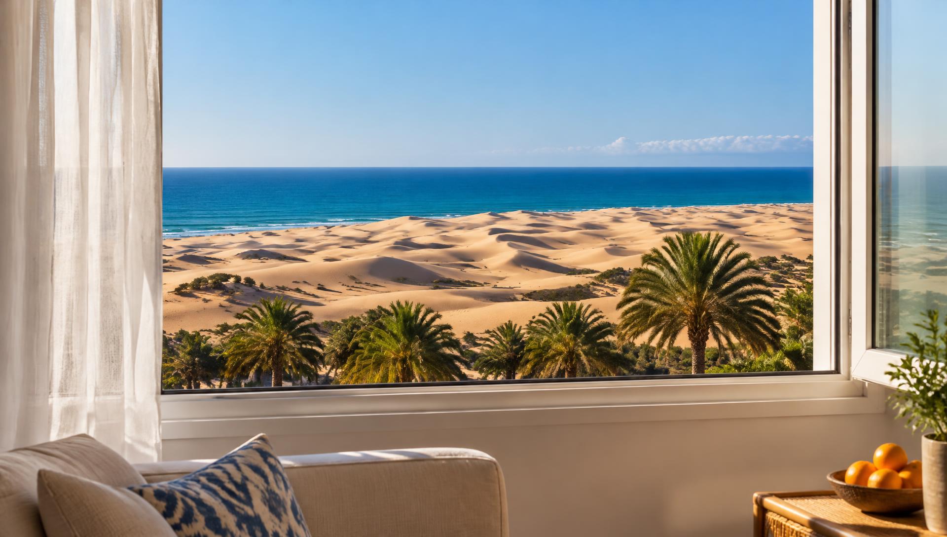 Vista desde la ventana de un apartamento hacia las dunas de Maspalomas y el mar